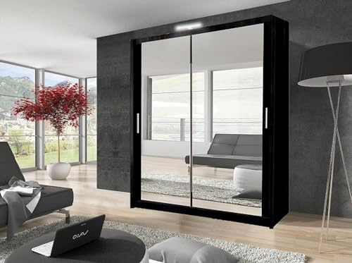 GSW Bedroom Furniture Modern Full 2 and 3 Mirror Sliding Door Wardrobe With Shelves And LED Light, Hanging Rail (203CM, Black)