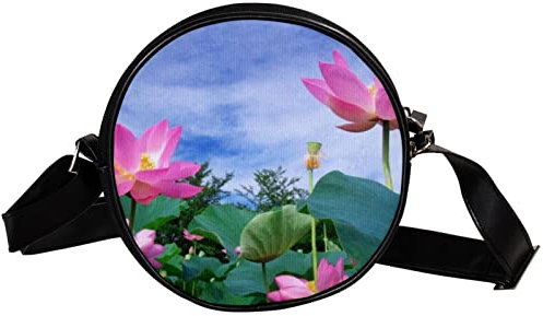 GORDESC Runde Umhängetasche mit rosafarbenen Lotusblüten, Umhängetasche, Handtasche, für Damen und Mädchen