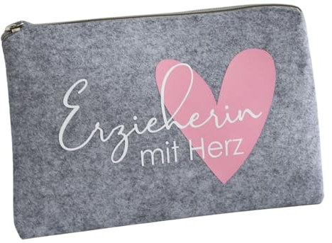 Geschenk Erzieherin mit Herz | Filztasche in Hellgrau Geschenkidee | Abschiedsgeschenk Kindergarten für Erzieher | Tasche rosa Herz