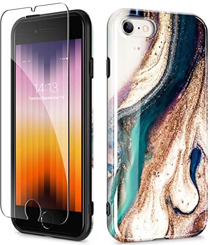 GVIEWIN Compatible with iPhone SE 2022 Case/iPhone 2020 Case/iPhone 8 Case/iPhone 7 Case 4.7, with Tempered Glass Screen Protector, Marble Protective Shockproof Slim Soft TPU Cover(Drift Sands/Brown)