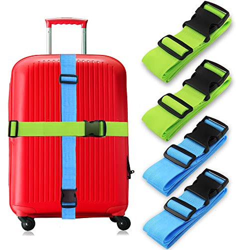 Kofferband Koffergurt, 4 Stück Gepäckgurt Einstellbare Kofferband, Kreuz Kofferanhänger Gepäckband zum Sicheren Verschließen rutschfest Gepäckband Blau Grün Reisezubehör zum Sicheren Verschließe