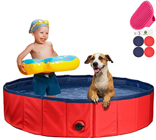 Piscine pour chiens stable | Pataugeoire pour chiens | Piscine pliable avec valve de vidange | Baignoire antidérapante | Piscine à balles pour enfants | Bain à balles avec brosse de bain & kit de répa