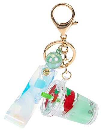 PRETYZOOM Boba Keychain Fruit Liquid Quicksand Keychain Milk Tea Strawberry Bottle Keyring for Car Purse Bag Ornament (Green)