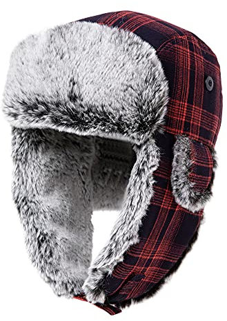 Comhats warme Fliegermütze für Herren Unisex Wintermütze mit Ohrenklappen weiche Trappermütze mit Kunstfell Winddicht Rot-Schwarz L