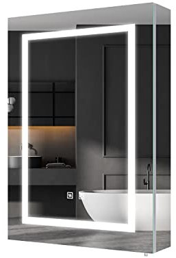 ELEGANT Illuminated Bathroom Mirror Cabinet with LED Lights, Stainless Steel Wall Mounted Mirror Cupboard with Demister Pad Shaver Socket & Sensor Dimmer Switch 500 x 700mm
