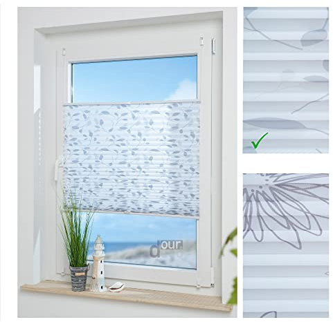 ourdeco Klemmfix-Plissee / 60 x 130 cm Blätter grau/lichtdurchlässig, Blickdicht/Montage ohne Bohren