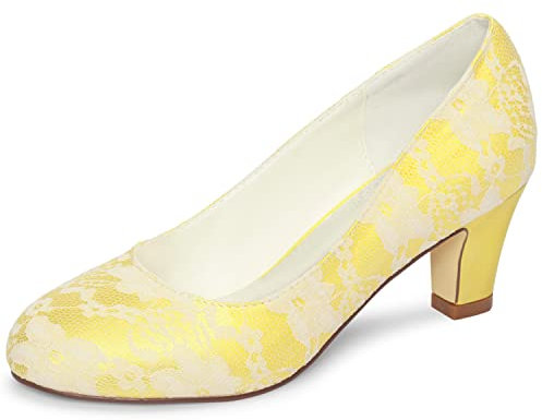Emily Bridal 1505-1 Women's Wedding Shoes Closed Toe 2.56 Inches Chunky Heel Lace Satin Pumps Bridal Shoes (EU35/UK3, Yellow)