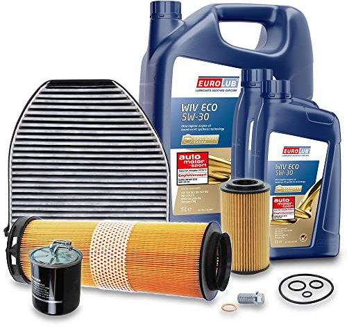 BESTPRICE Inspektionspaket Filterset mit 1x Ölfilter, 1x Kraftstofffilter, 1x Luftfilter, 1x Innenraumfilter (Aktivkohle), 1x Motoröl 5W-30 7 l, Kompatibel mit MERCEDES C-Klasse (W204) (S204)