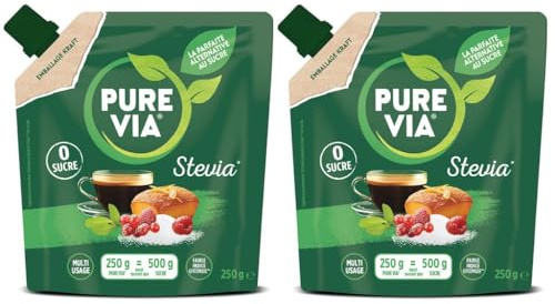 Pure Via - Doypack Polvere Cristallizzata - Stevia - Zero Zucchero - 250 g - Confezione da 2