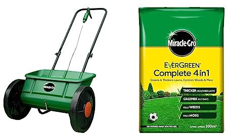 Miracle-Gro Lawn Seed Drop Spreader & Evergreen Complete 4-in-1 Lawn Food - 200 m2, Lawn Food, Weed & Moss Control,