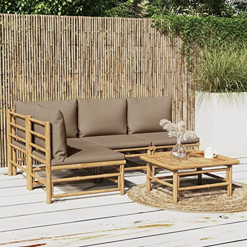JUNZAI Salon de Jardin 5 pcs avec Coussins Taupe Bambou,Salon Bas De Jardin Exterieur,Canape De Jardin,Canapé D'Extérieur Combiné