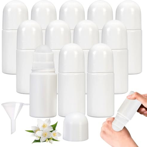 Nizirioo 12 Stück Roller Flaschen 50ml Roll On Flasche Leer Roll-On Flaschen Roll On Kunststoff Für Ätherisches Öl Aromatherapie Flaschen Mit Roller Bällen 2 Trichter, Für Ätherische Öle Parfüm(Weiß)