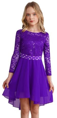 YiZYiF Vestito Bambina Elegante Lungo Abito Cerimonia Ragazza Vestito Principessa in Pizzo Manica Mezza Abito de Festa Sposa di Compleanno Viola 11-12 Anni