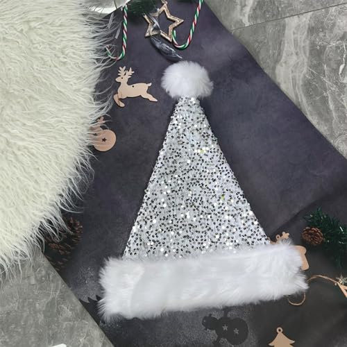 Glitzer Pailletten Weihnachtsmütze für Kinder Erwachsene,Silber Plüsche Santa Mütze mit Glitzer Pailletten,Bequemes Dicker Klassischer nikolaus mütze aus Samt für festliche Partys im neuen Jahr