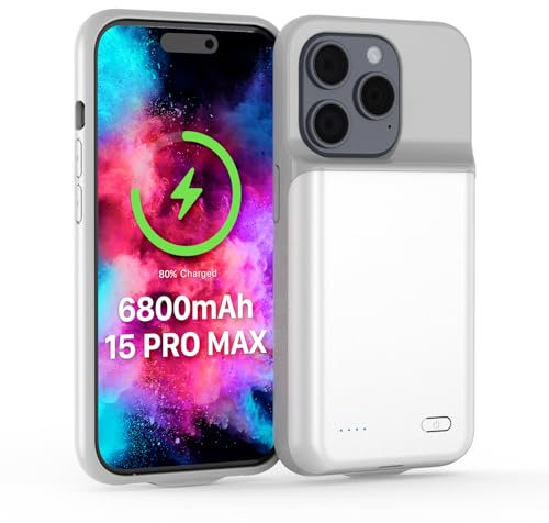 TQTHL Coque de protection pour iPhone 15 Pro Max (6 800 mAh), batterie supplémentaire, coque de protection pour téléphone portable, compatible avec iPhone 15 Pro Max (6,7) (blanc)