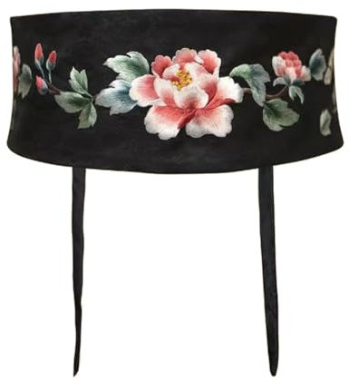 Inzegao Ceinture Obi de style chinois pour robes brodées florales larges pour kimono, noir, taille unique