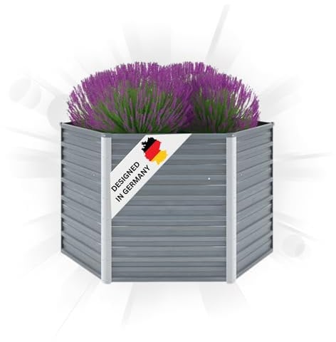 DELUKE 6-eckiges Hochbeet für Garten NOA Grau | 129x129x77cm | Verzinkter Stahl | Wetterfest | Gartenbeet Kräuterbeet Blumenbeet Beet hoch Frühbeet für Garten Gemüsebeet