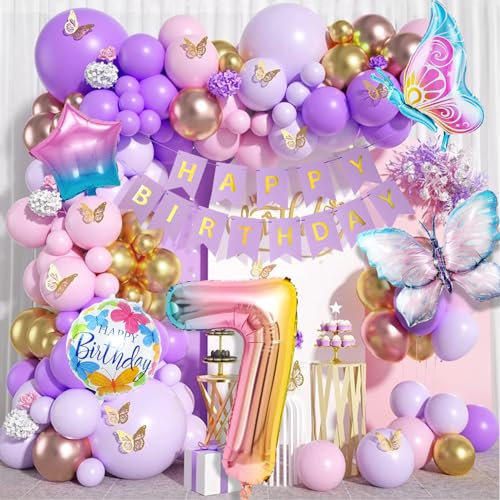 Sancuanyi Geburtstagsdeko Mädchen 7 Jahre Luftballon Girlande,Schmetterlinge Deko Geburtstag Mädchen 7 Jahre,Rosa Lila Schmetterling Ballons,Geburtstag Party Setfür Kinder