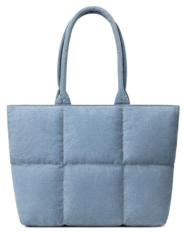 Comfyable Work Tote Bag for Women, Puffer Denim Purse with Laptop Compartment, Large Jean Shoulder Bag for Travel, School, 15 16 Inch, Denim