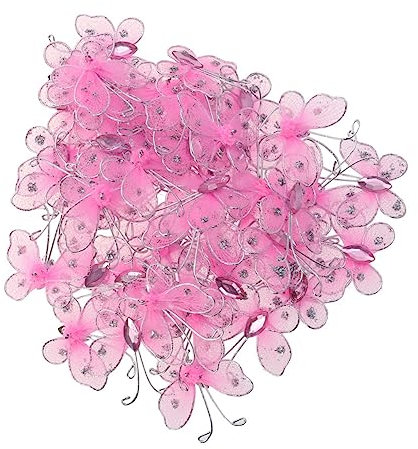 Tofficu 50pcs DIY Butterfly Wedding Decorations Ornament Decorations for Bedroom Scrapbook Embellishments Mini Wings Decoration Wire Tied Simulation Butterfly 3D Pink Transparent Line Mesh