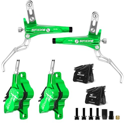 BUCKLOS MTB Hydraulisches Scheibenbremsen-Set, 4 Kolben, vorne 850 mm und hinten, 1550 mm, hydraulische Bremsen mit Hebel aus Aluminiumlegierung mit Bremssattel, Keramik-Bremsbelag, passend für