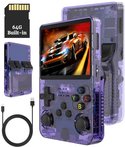 Bewinner Consola de Juegos Portátil Retro de 3,5 Pulgadas, Consola de Videojuegos con Soporte Dual Stylem Linux/Garlic, Joysticks 3D Duales (púrpura Transparente) (64G)