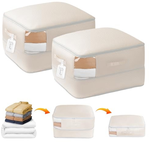DIMJ Space-Saving Compression Storage Bags - 2 Pack Foldable Duvet Storage Organisers Large Compression Packing Cubes with Clear Window for Moving, Dorm, Down Jackets, Clothes, Bedding (Beige)
