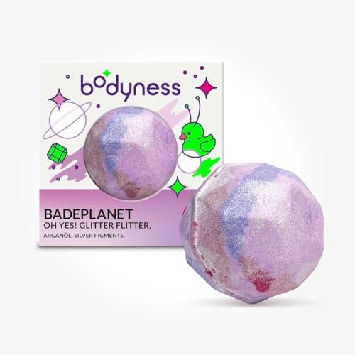 BODYNESS Bath Bomb Badeplanet - Badekugel in Planetenform, schimmernde Badekugel für Hautpflege und Entspannung mit blumigem Duft & Argan-Öl, 165g