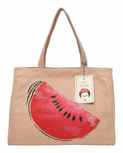 Fritzi x Frida Kahlo Easy 01 Canvas Limited Shopper Schultertasche mit Reißverschluss für Alltag und Shopping 34 x 46,5 x 23 cm – Beige, Blau, Hellblau, Rot, Lila, Taupe, Grün, Koralle