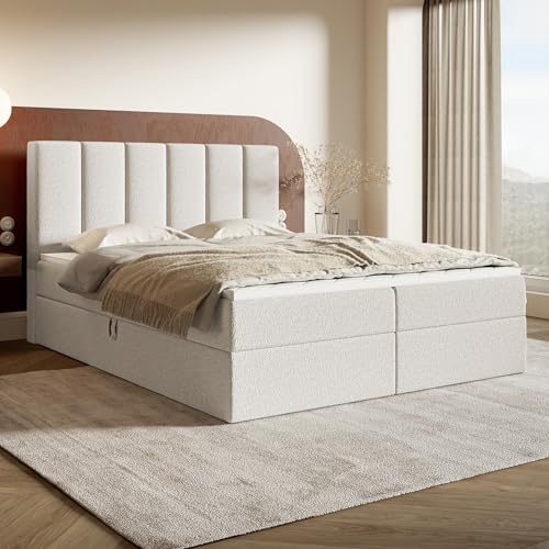 MOTIVENA Santiago Boxspringbett 140x200 Weiß Boucle, mit Taschenfederkern-Matratze (H3), mit T28 Komfortschaumstoff Topper (H3), Boxspringbett 140x200 mit Bettkasten Weiß (Milch)