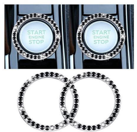 CGEAMDY 2 Stück Auto Motor Start Stop Button Ring, Universal Auto Kristall Strass Motor Starter Dekoration Ring, Auto Startknopf Dekorationsring Autoinnenraum (Einreihig/Schwarz)