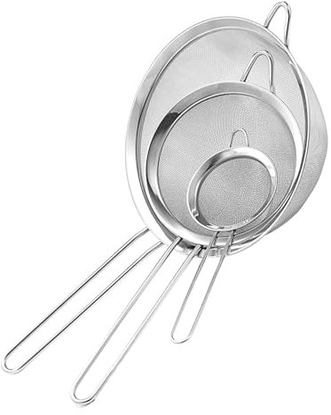 3X Kitchen Sieves Stainless Steel Mesh Design Long Handle Food Colander Strainers Sieve for Staining Tea Baking Powder Flour and Rice in 3 Different Sizes 9.5 cm, 11cm, & 15.5cm