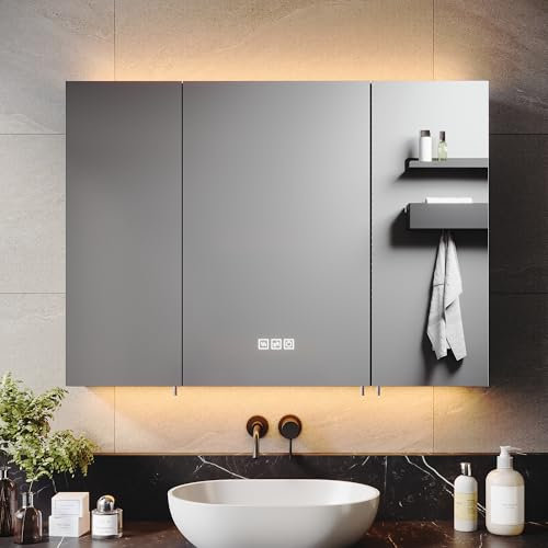 ELEGANT 900x650mm Illuminated LED Bathroom Mirror Cabinet with Shaver Socket Triple Door Wall Mirror Cabinets with 3-Color Infinitely Dimmable and Demister Adjustable Shelves Storage Cupboard Black