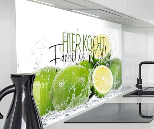 timalo Herd Spritzschutz Wand Spüle, Küche Küchenrückwand Glasoptik | Acryl Glas 2mm | Glasrückwand Acrylglas - personalisiert mit Namen - Rückwandschutz Platte | 140x50cm Frische Limetten