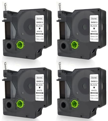 DOREE D1 45013 Kompatibel mit Dymo D1 Label tape 12mmx7m Schwarz auf Weiß UV-beständiges kunststoff etikettenband D1 45013 Kompatibel mit Dymo LabelManager 160 210D 360D 420P PnP 500TS (4er Pack)