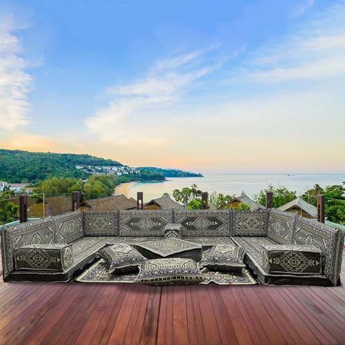 Orientalische Sitzecke mit Sofa für Terrassen - Marokkanischer Sark Kösesi mit Sitzkissen und Palettenauflage