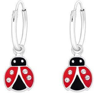 Monkimau Marienkäfer Kinder Creolen Ohrringe | 925 Silber | Mädchen Ohrstecker Schmuck | Hypoallergen & Nickelfrei | Kinderohrringe Geschenkidee