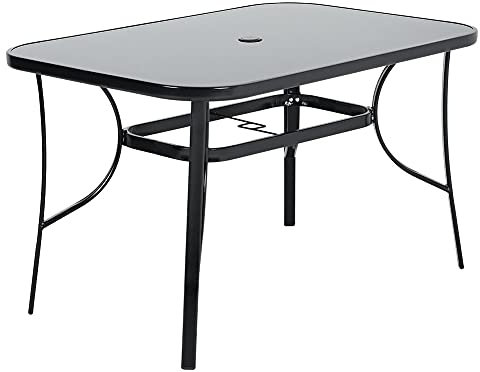 The Fellie Garden Table Outdoor Dining Table Tempered Glass Top with Parasol Hole Coffee Table Patio Table (Rectangle-120 x 80 x 70cm)
