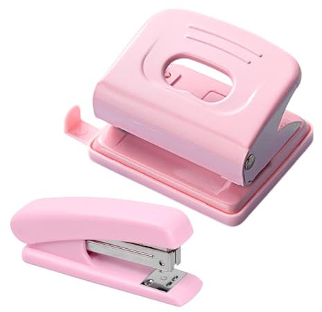 Locher Hefter Set, Mini Rosa H-efter und Locher Hefte-r, Büro Heft-er Locher, Desktop He-fter, Kleiner Locher, Bürobedarf Set für Schulen, Büro, Arbeitszimmer, Zuhause(COLOR:Rosa)