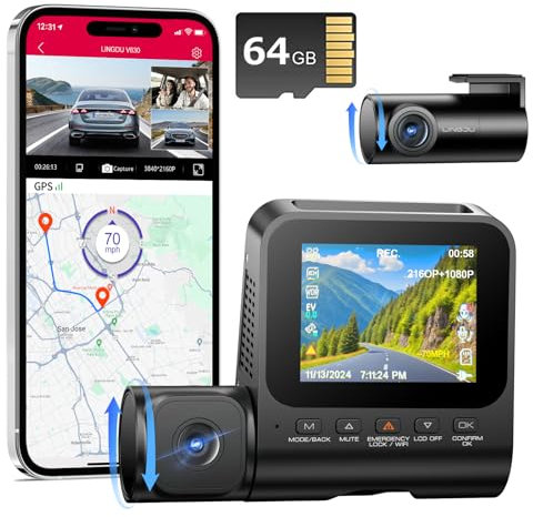 3 Kanal Dashcam Auto Vorne Hinten Kabellos - 4K+1080P+1080P FHD Dreifache Dash Cam mit 2,4″ IPS Display, APP Steuerung mit 64 GB SD Karte, G-Sensor, WDR, Nachtsicht, 24 Std. Parkmonitor