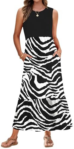 AUSELILY Sommerkleid Damen Lang Ärmelloses Maxikleid Sommer Strandkleid Lange Rundhals Tank Top Kleider Leicht und Luftig mit Taschen Elastischer Taille Schwarze Zebra Streifen XXL