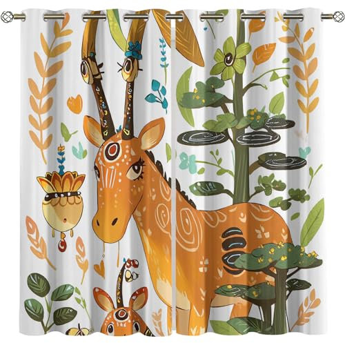 Verdunkelungsvorhang Kinderzimmer Mit Ösen Kinder Mädchen Junge Niedliche Kinder Cartoon Tiere Pferd Blumen Und Gras Muster 140X160Cm Vorhänge Wohnzimmer Schlafzimmer Küche Blickdichte Gardinen 2Er