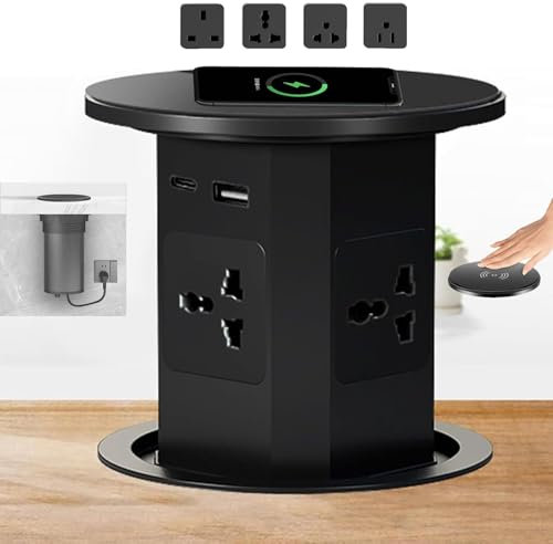 Pop Up Socket with 15W Wireless Charger, Pop Up Sockets with USB Type-C Port and 4 Power Sockets, Automatic Hidden Sockets Power Port, for Office Desk Countertops(Black)