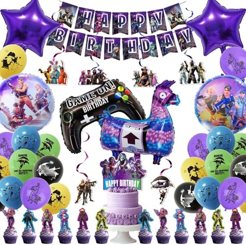 46pcs Balloons, Party Decorations - Include Happy Birthday Banner, Cake Toppers, Foil Latex Balloons, Birthday Decoration for Boys loving Battle Game