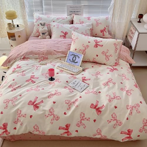 Lanqinglv Housse de Couette 140x200 cm Rose Nœud Papillon Motif Parure de Lit Filles Fermeture Éclair - Linge de Lit 1 Personne Adulte avec 1 Taie d'oreiller 65x65 cm