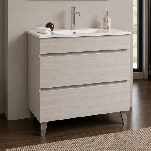 Yellowshop | Mobile Bagno Musa 80 cm - Composizione Completa con Lavabo Ceramica e 2 cassetti con Guida Soft-Close - Finitura Olmo (Mobile con Lavabo)