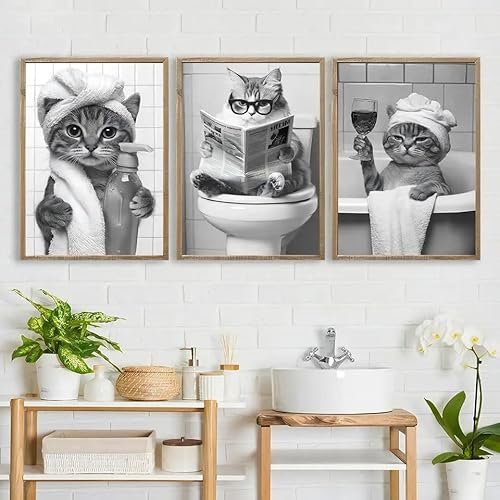 3 Affiche Chat Salle de Bain 30X40CM Poster Humour WC Tableau Decoration Murale Pour Toilette Toile Salle de Bain Affiche Animaux WC Noir et Blanc Poster Rigolo Toilette sans Cadre