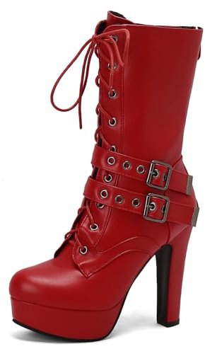 Galindopia Red Plateau Stiefel Mid Calf für Damen Blockabsatz Nieten Studs Gotisch Punk Schnüren Knight Biker Half Botines de Mujer Size 39