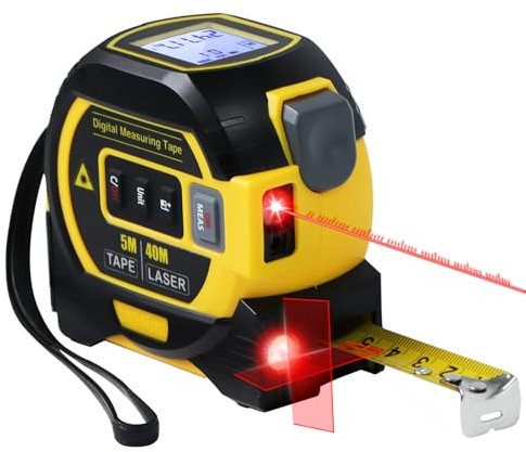 Fitdays 3-in-1 Laser Tape Measure with Cross Line Level - Digital Laser Measurement Tool 131ft/40m, Auto-Leveling LCD Display, in/ft/m Units | 16ft/5M Tape | (Yellow)