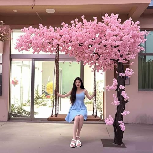 Pequeños árboles artificiales de cerezo, árbol artificial rosa hecho a mano, flores densas, tronco de madera maciza (estilo melocotón/cerezo con flores rosa claro)